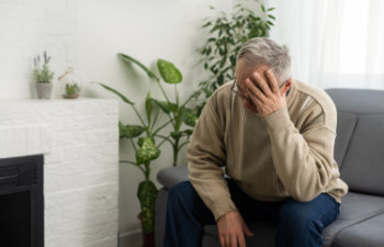 senior man having headache and touching his head while suffering from a migraine in the living room, 